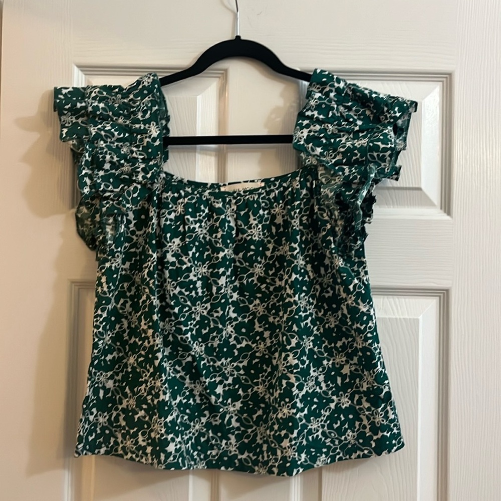 Anthropology Luna Moon Brand Embroidered Eyelet Top Green Floral Design